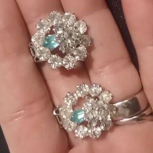 Vintage clip on crystal earrings with aquariummarine blue centerstone